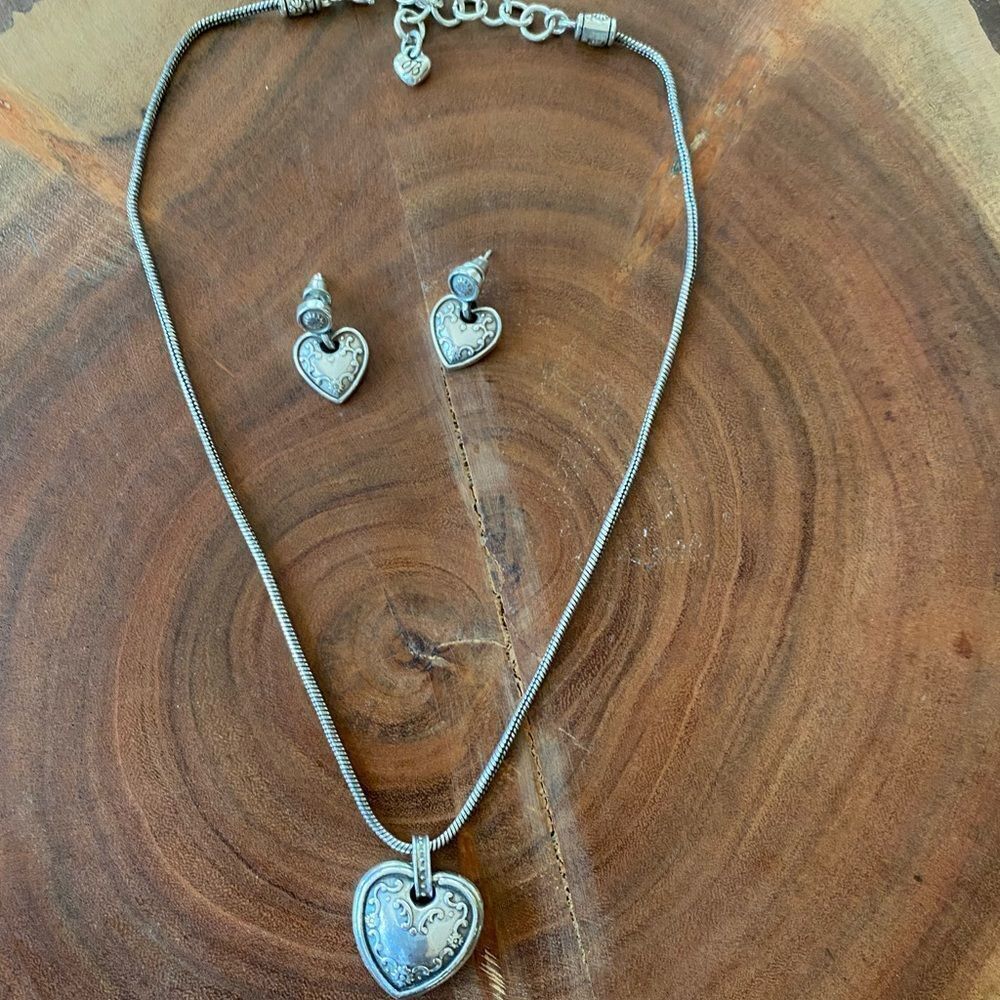 BRIGHTON vintage scrolled sliding heart pendant‎ necklace and matching earrings